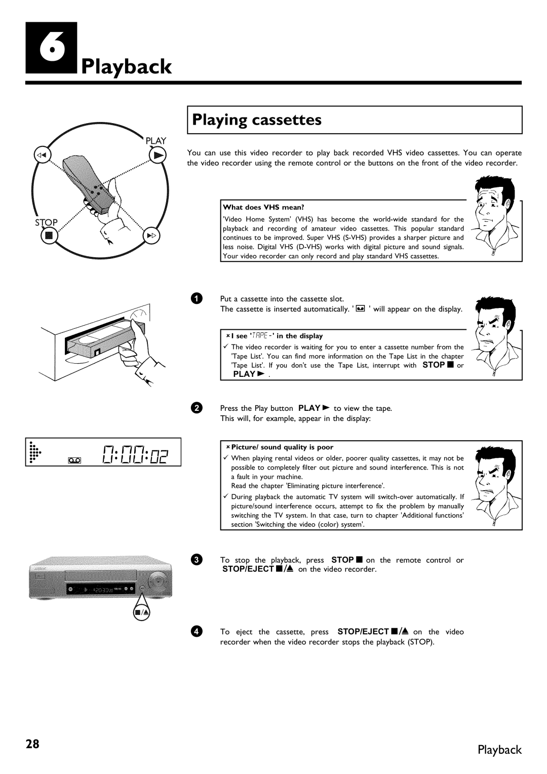 Philips VR620/58 specifications FPlayback, Playing cassettes, What does VHS mean?, AI see TAPE- in the display 