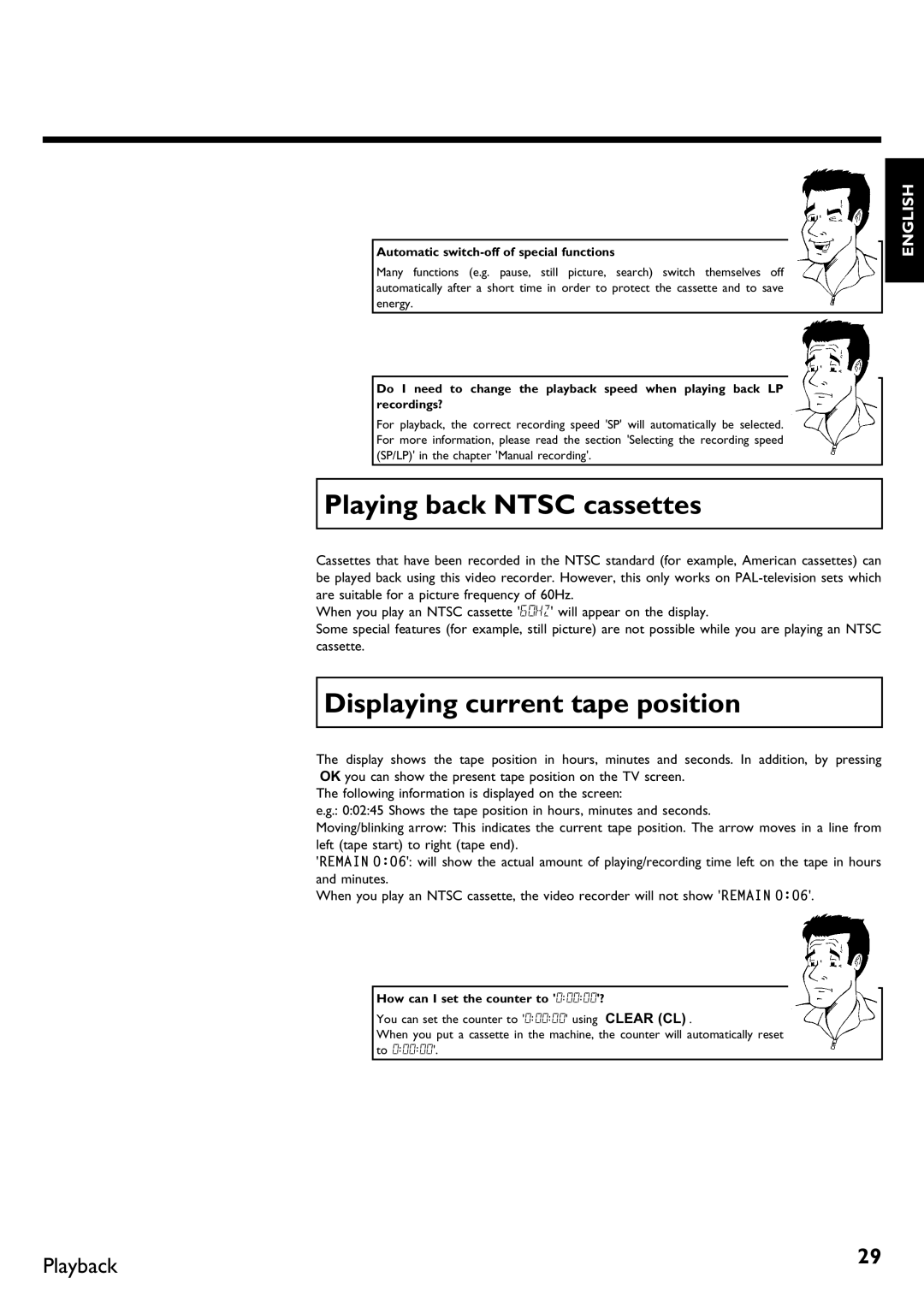 Philips VR620/58 Playing back Ntsc cassettes, Displaying current tape position, Automatic switch of special functions 