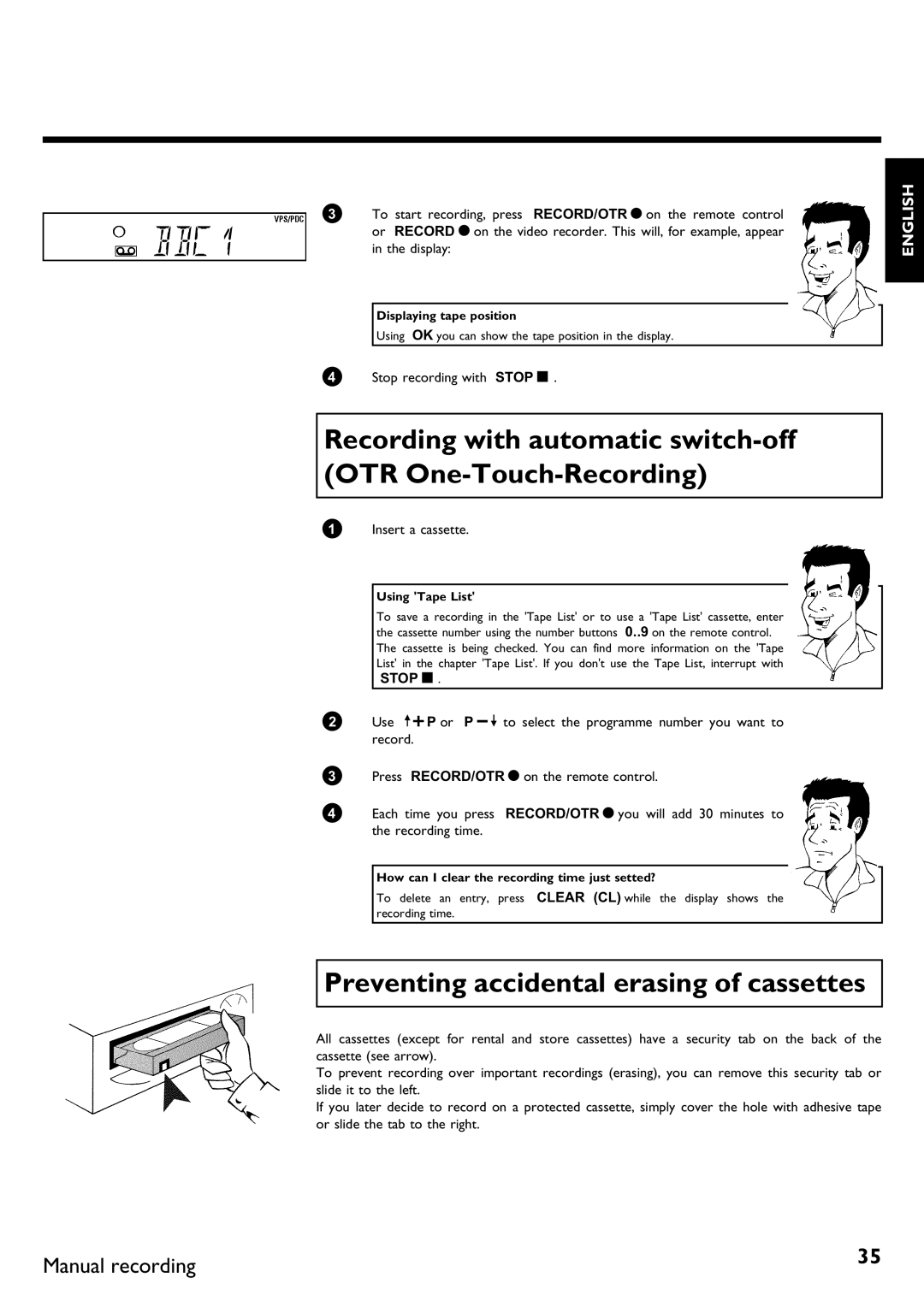 Philips VR620/58 specifications Recording with automatic switch OTR One, Preventing accidental erasing of cassettes 