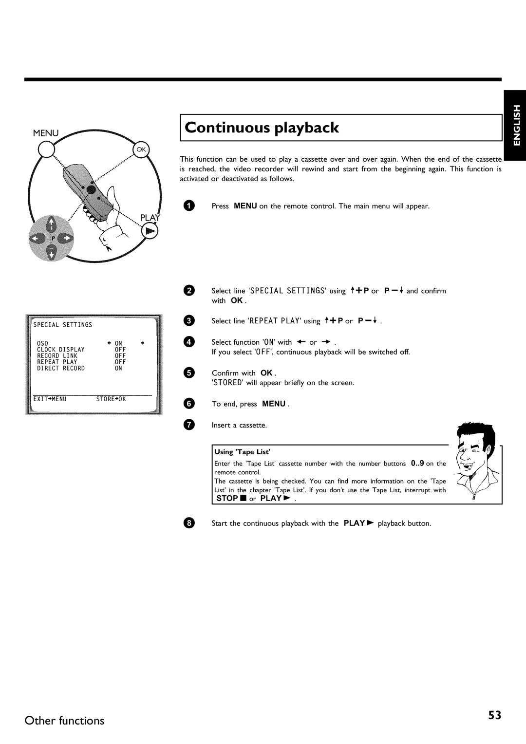 Philips VR620/58 specifications Continuous playback, Using Tape List 