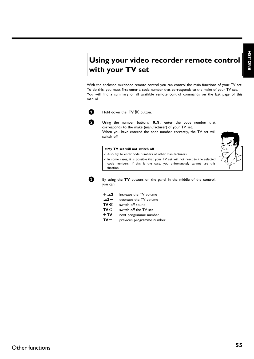 Philips VR620/58 specifications Using your video recorder remote control with your TV set, AMy TV set will not switch off 