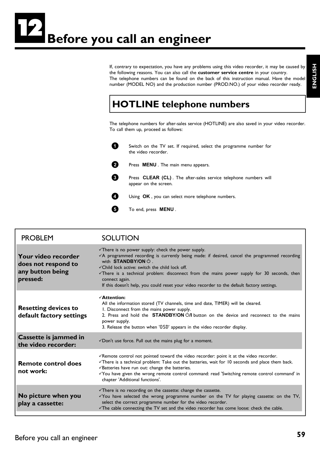 Philips VR620/58 specifications LBefore you call an engineer, Hotline telephone numbers, With STANDBY/ON m, BAttention 