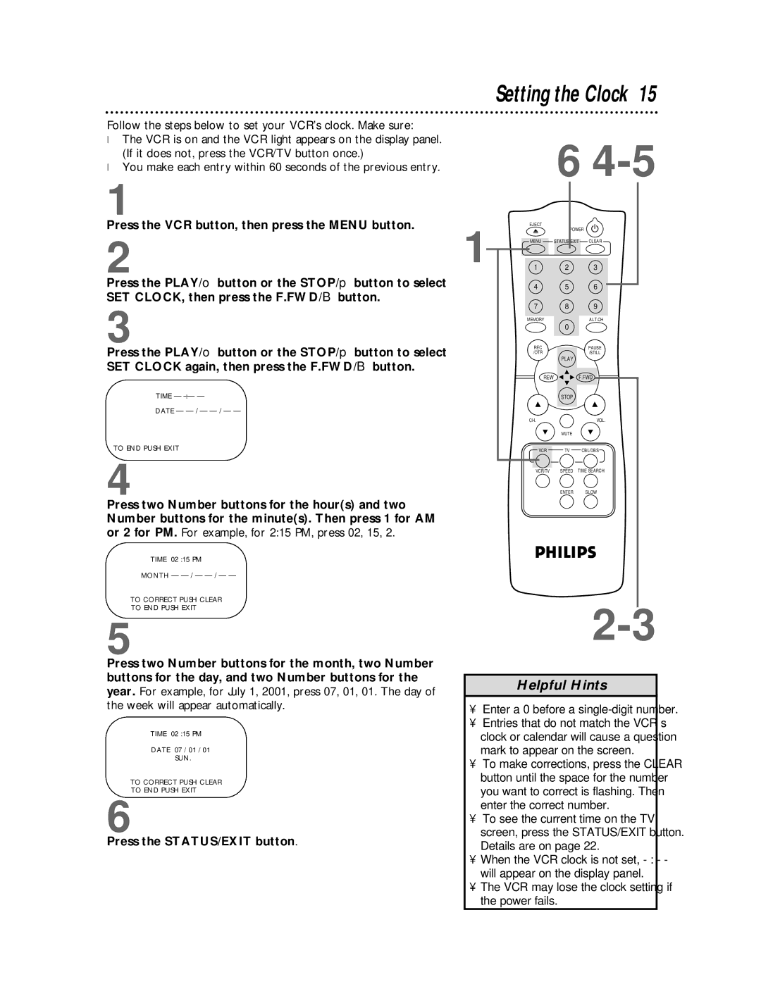 Philips VR620CAT owner manual Setting the Clock, Enter a 0 before a single-digit number 