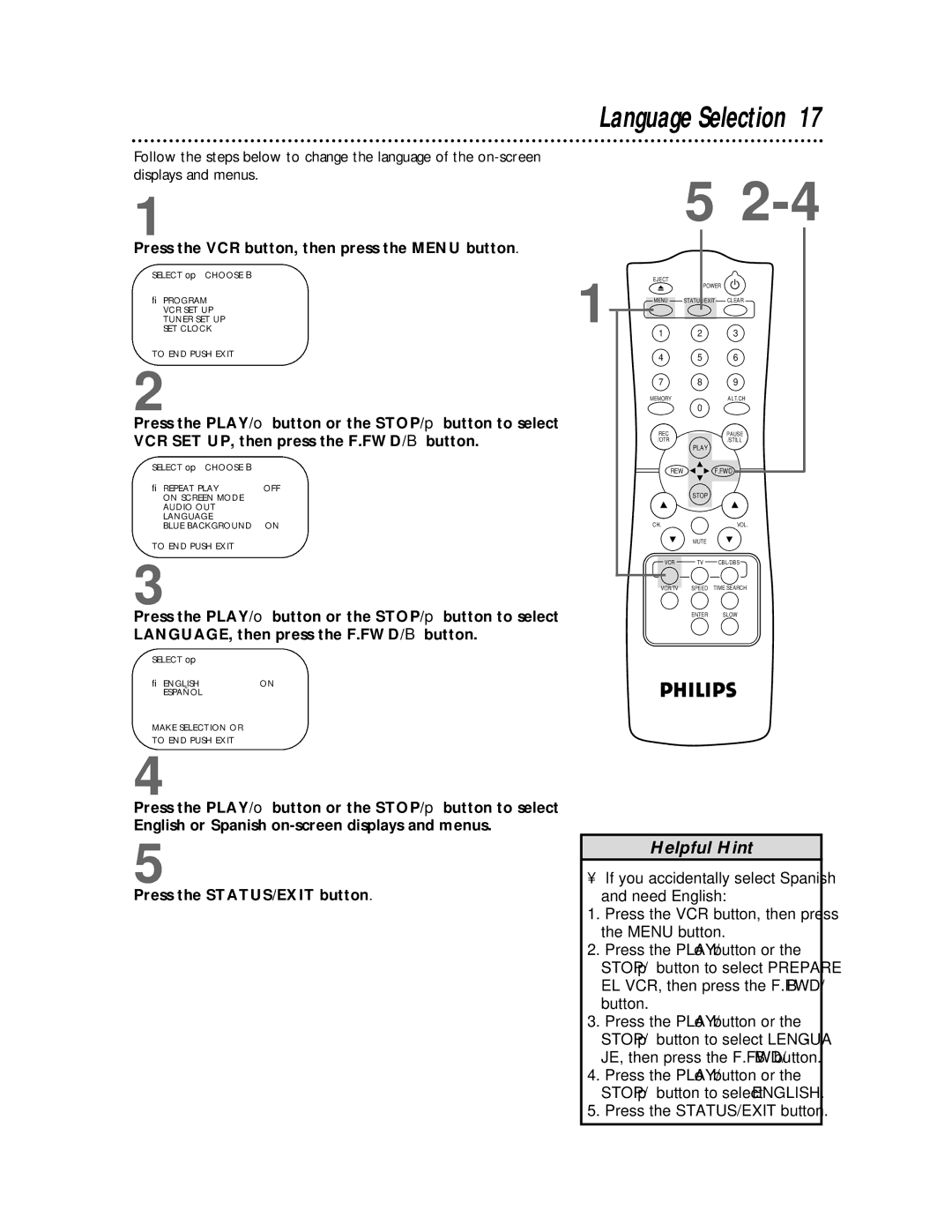 Philips VR620CAT owner manual Language Selection, Press the VCR button, then press the Menu button 