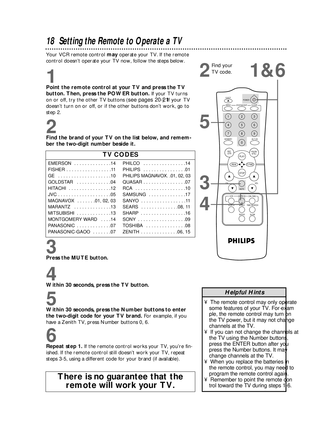 Philips VR620CAT owner manual Setting the Remote to Operate a TV, 2TV code Find your 