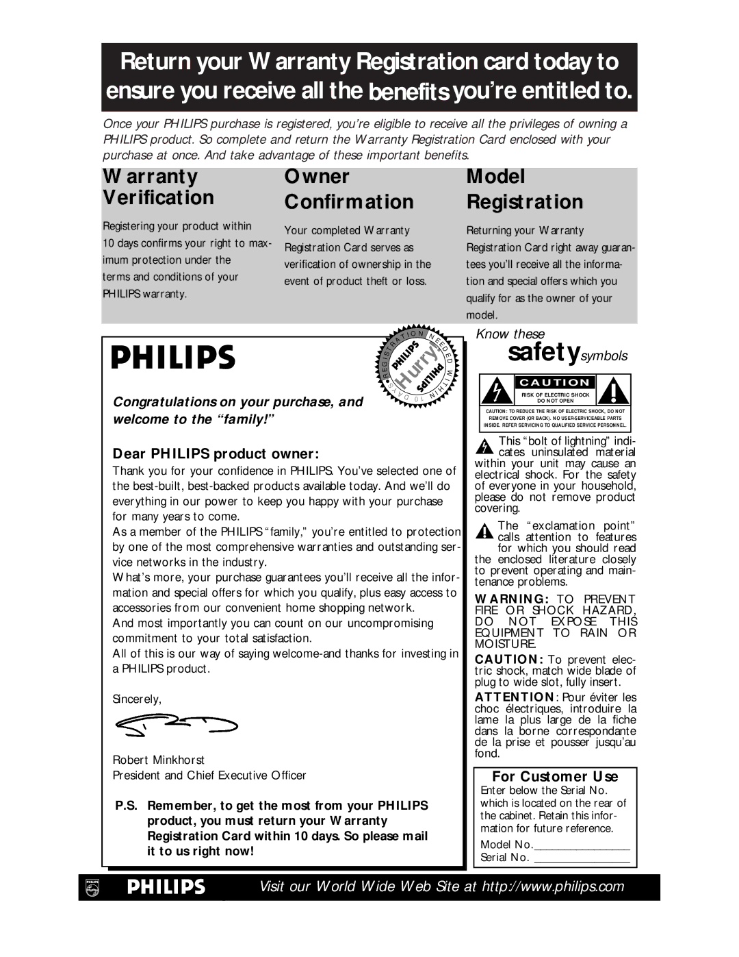 Philips VR620CAT owner manual Dear Philips product owner, For Customer Use 