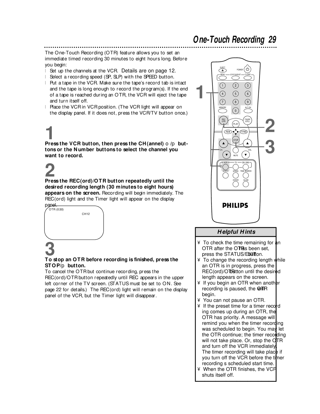 Philips VR620CAT owner manual One-Touch Recording 