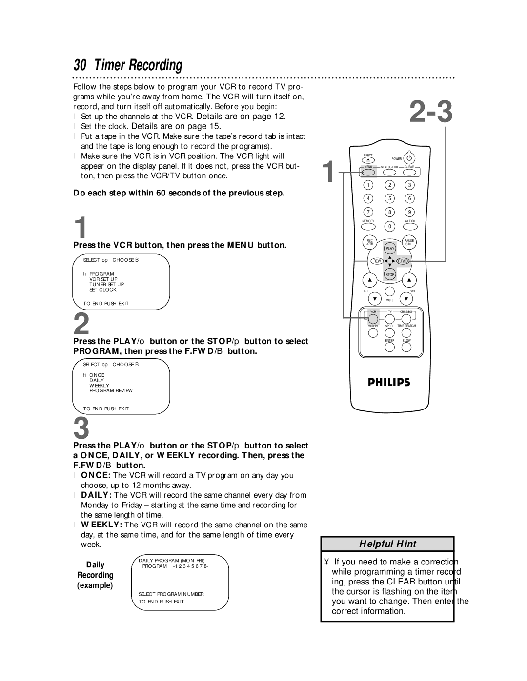 Philips VR620CAT owner manual Timer Recording, Daily 