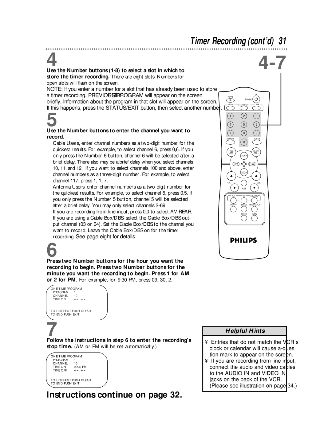 Philips VR620CAT owner manual Timer Recording cont’d 