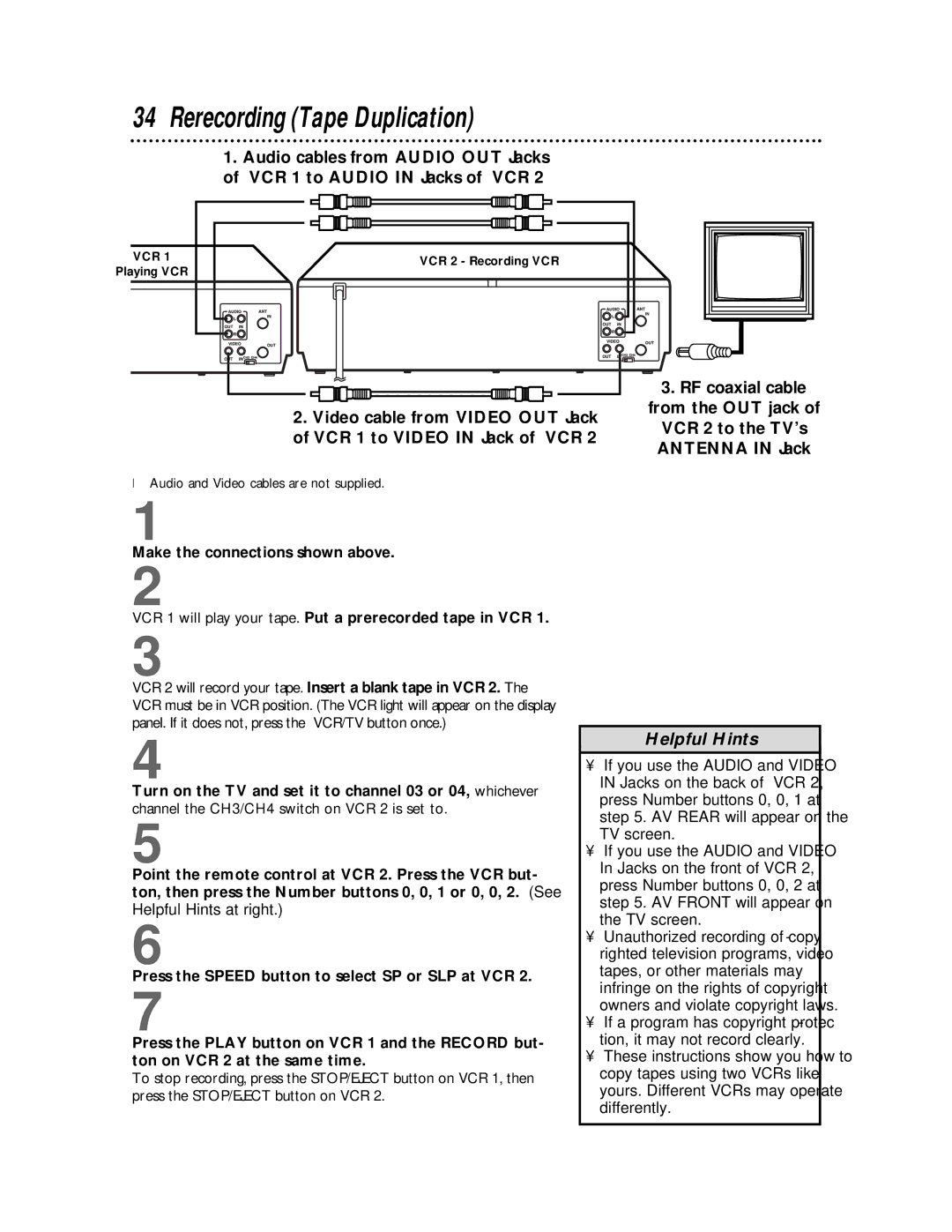 Philips VR620CAT owner manual Rerecording Tape Duplication 