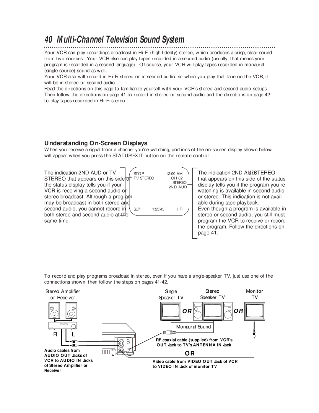 Philips VR620CAT owner manual Multi-Channel Television Sound System, Understanding On-Screen Displays 