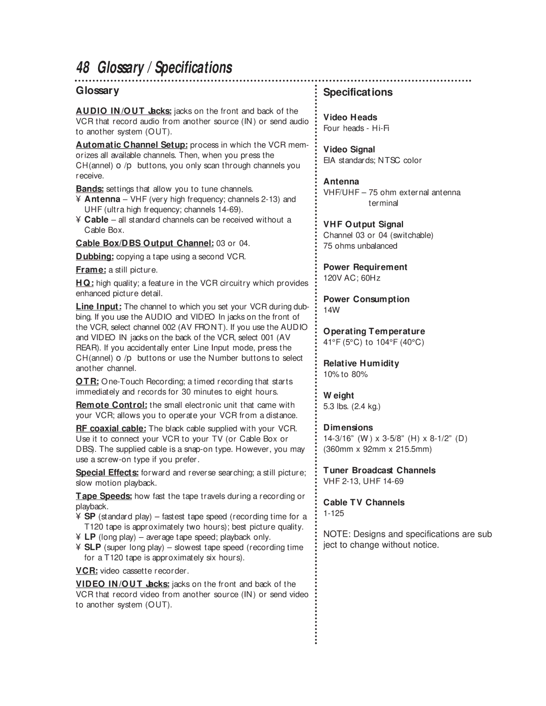 Philips VR620CAT owner manual Glossary / Specifications 