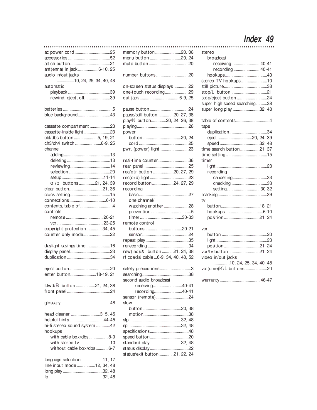 Philips VR620CAT owner manual Index, Automatic 