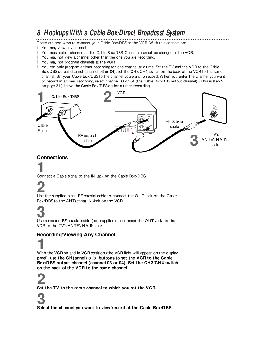 Philips VR620CAT owner manual Hookups With a Cable Box/Direct Broadcast System, Connections, Recording/Viewing Any Channel 