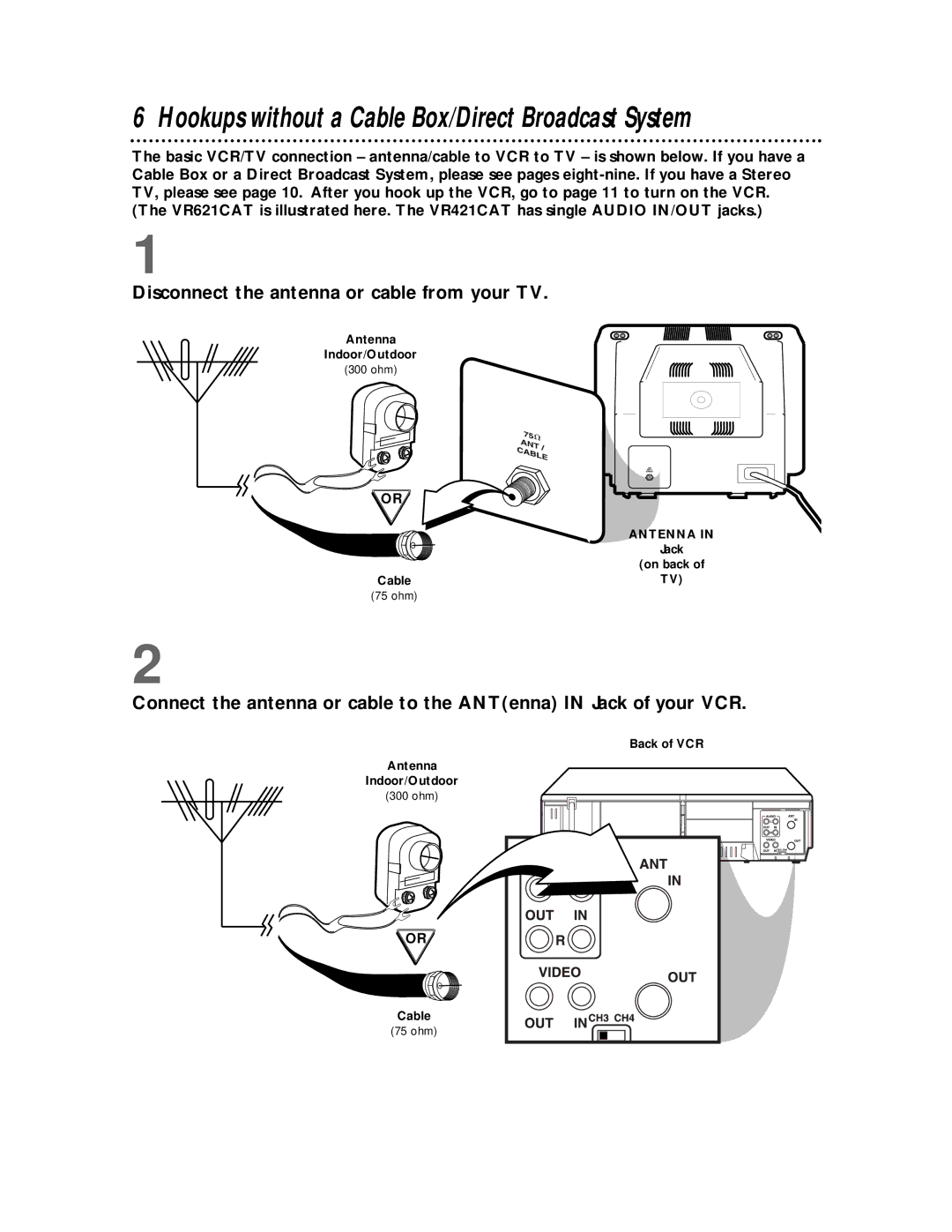 Philips VR621CAT, VR421CAT manual Hookups without a Cable Box/Direct Broadcast System 