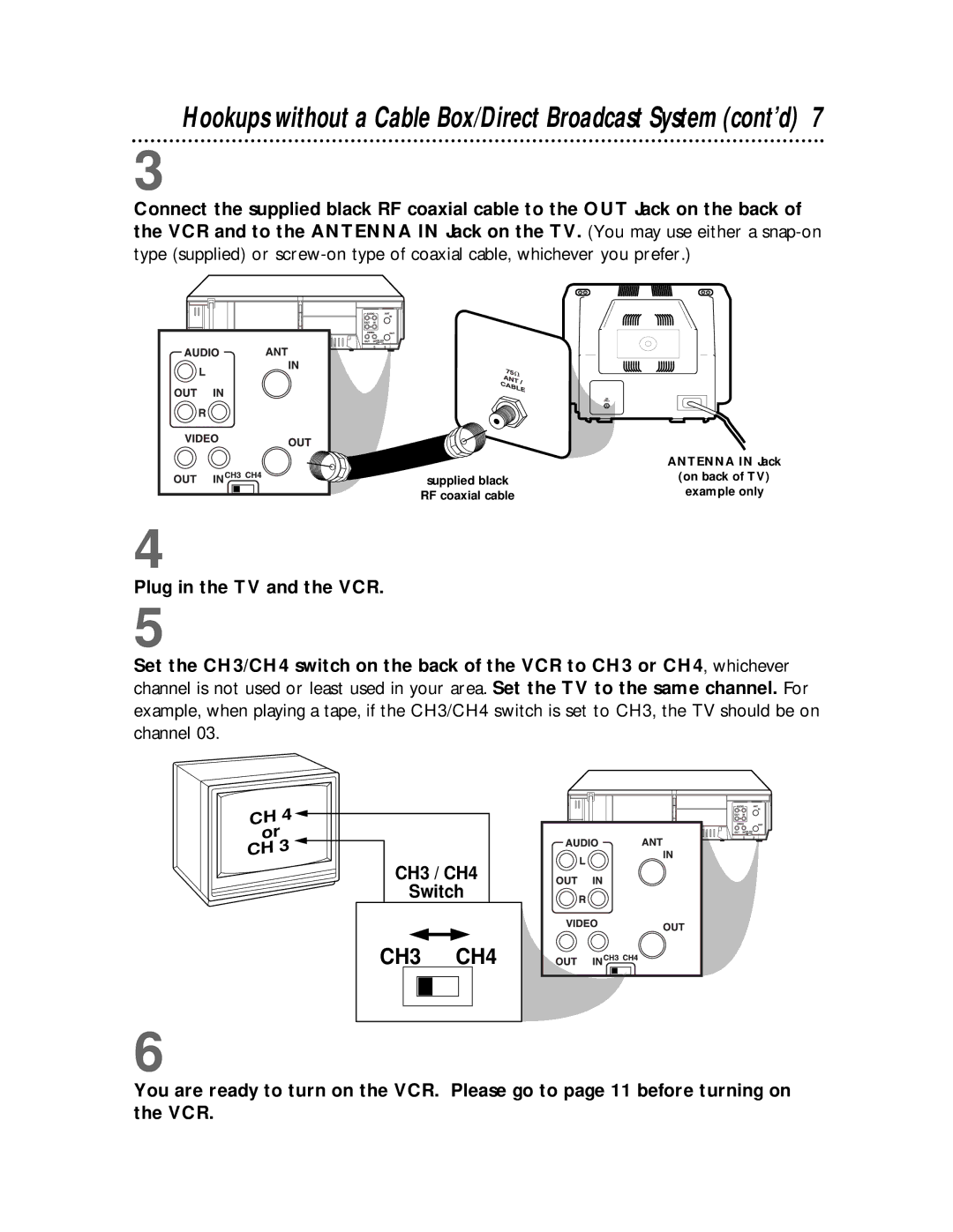 Philips VR421CAT, VR621CAT manual Hookups without a Cable Box/Direct Broadcast System cont’d 