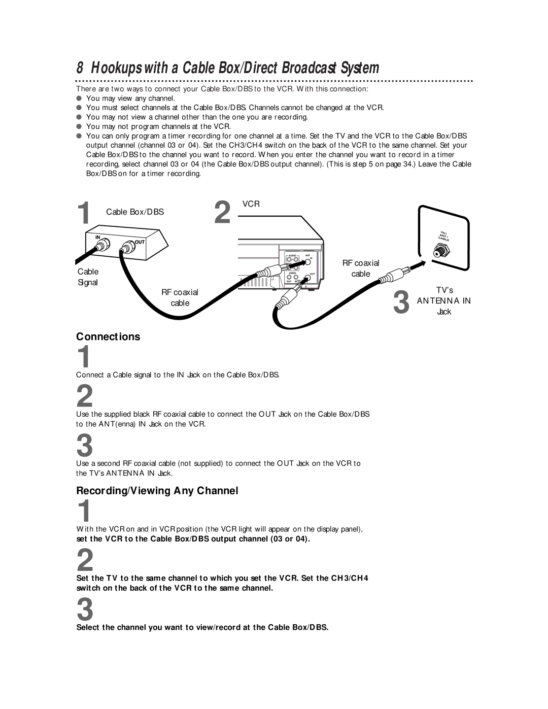 Philips VR621CAT, VR421CAT manual Hookups with a Cable Box/Direct Broadcast System, Connections 