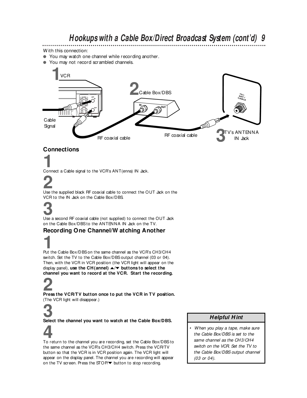 Philips VR421CAT, VR621CAT manual Hookups with a Cable Box/Direct Broadcast System cont’d 