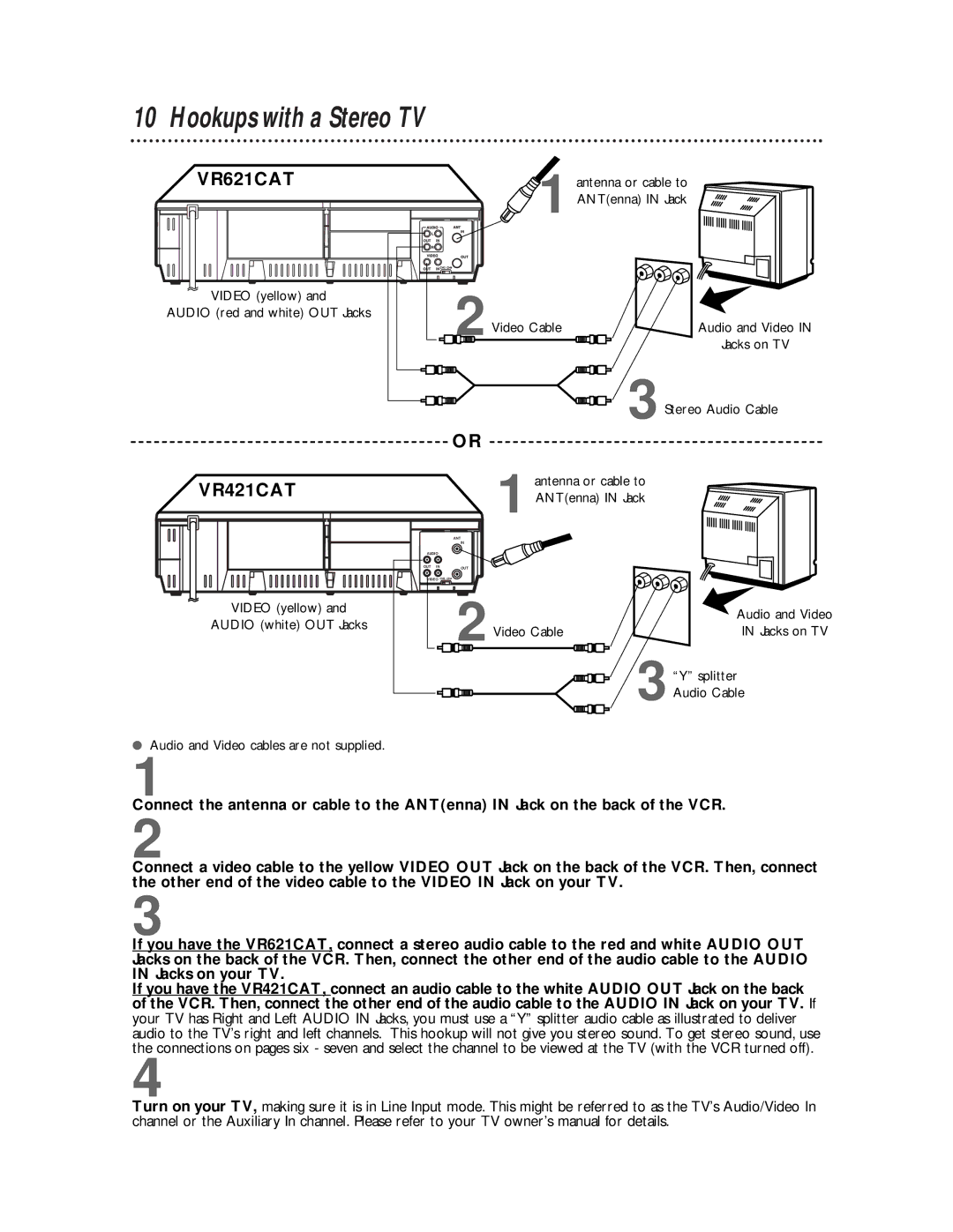 Philips VR621CAT, VR421CAT manual Hookups with a Stereo TV 