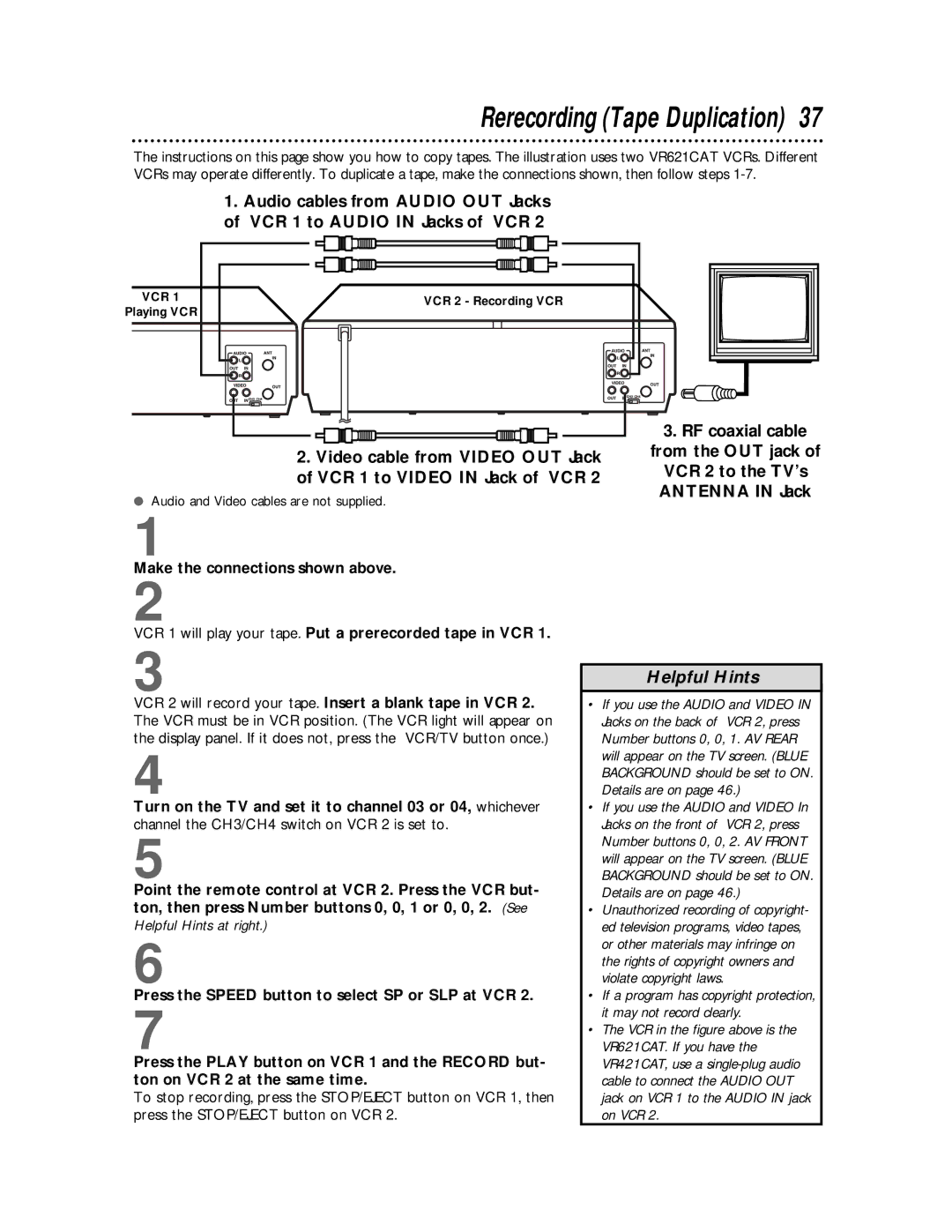 Philips VR421CAT, VR621CAT manual Rerecording Tape Duplication, Helpful Hints 