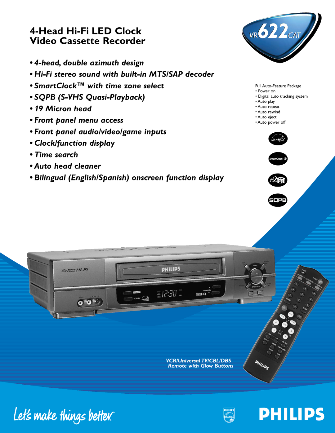 Philips VR622CAT manual Full Auto-Feature Package, Power on, Digital auto tracking system, Auto play, Auto repeat 