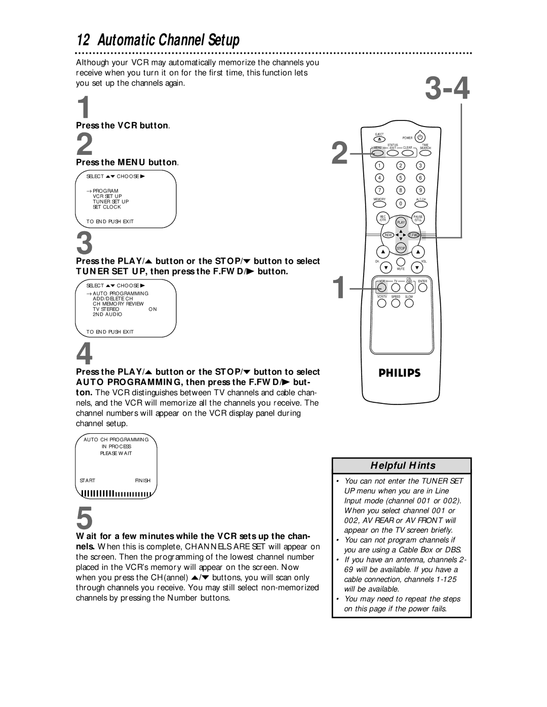 Philips VR624CAT owner manual Automatic Channel Setup, Press the VCR button Press the Menu button 