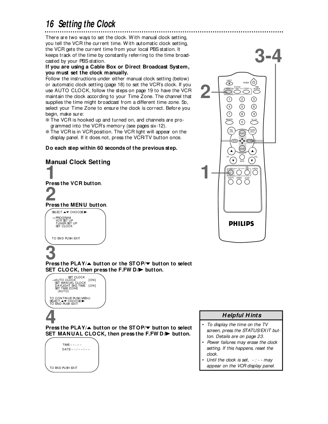 Philips VR624CAT owner manual Setting the Clock, Manual Clock Setting, Do each step within 60 seconds of the previous step 