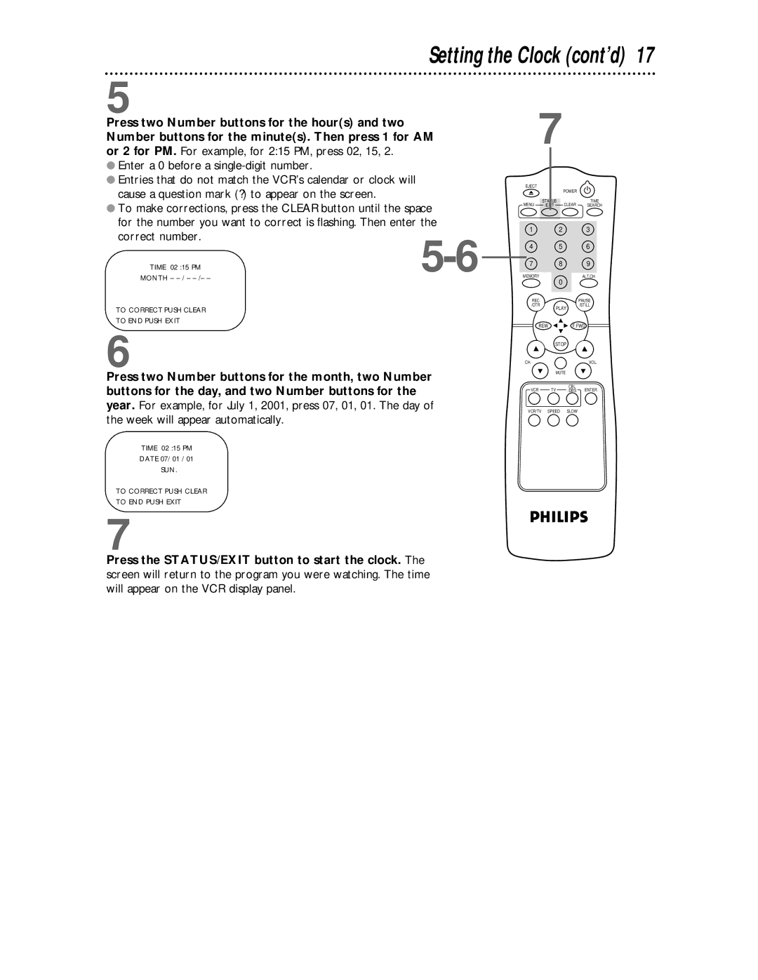 Philips VR624CAT owner manual Setting the Clock cont’d 