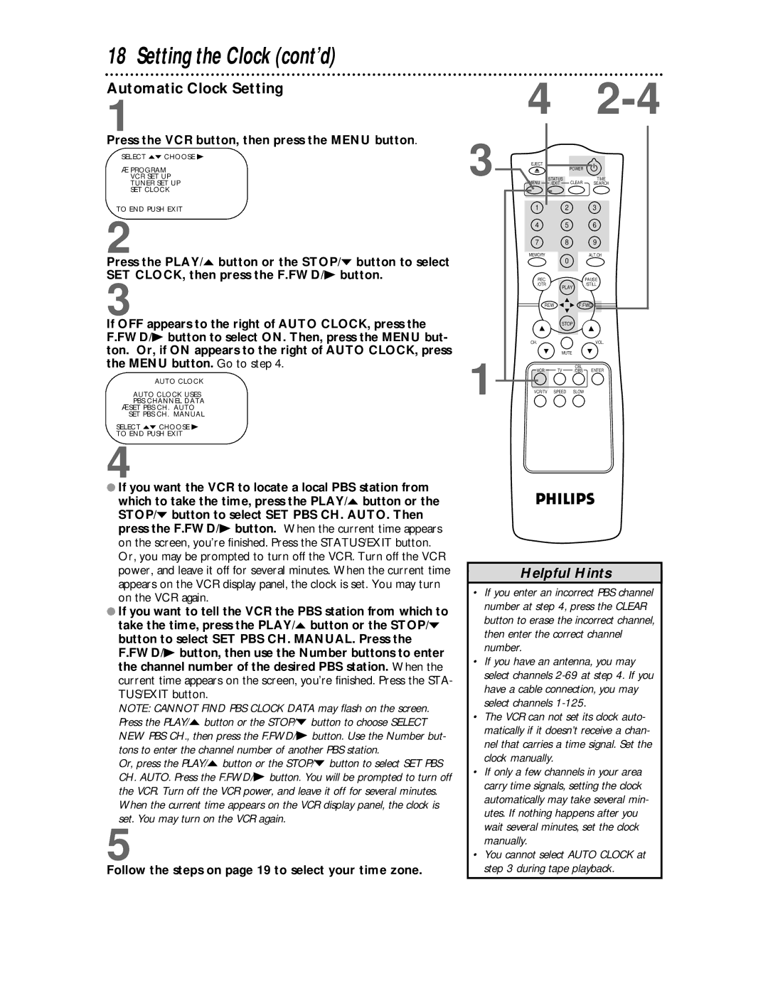 Philips VR624CAT Setting the Clock cont’d, Automatic Clock Setting, Press the VCR button, then press the Menu button 