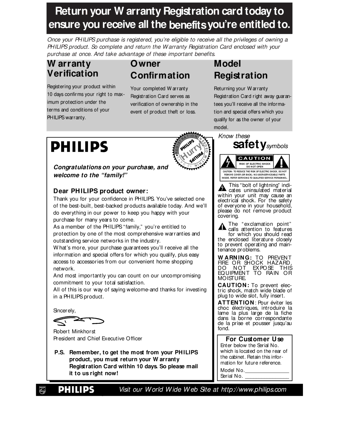 Philips VR624CAT Dear Philips product owner, For Customer Use, This bolt of lightning indi- cates uninsulated material 