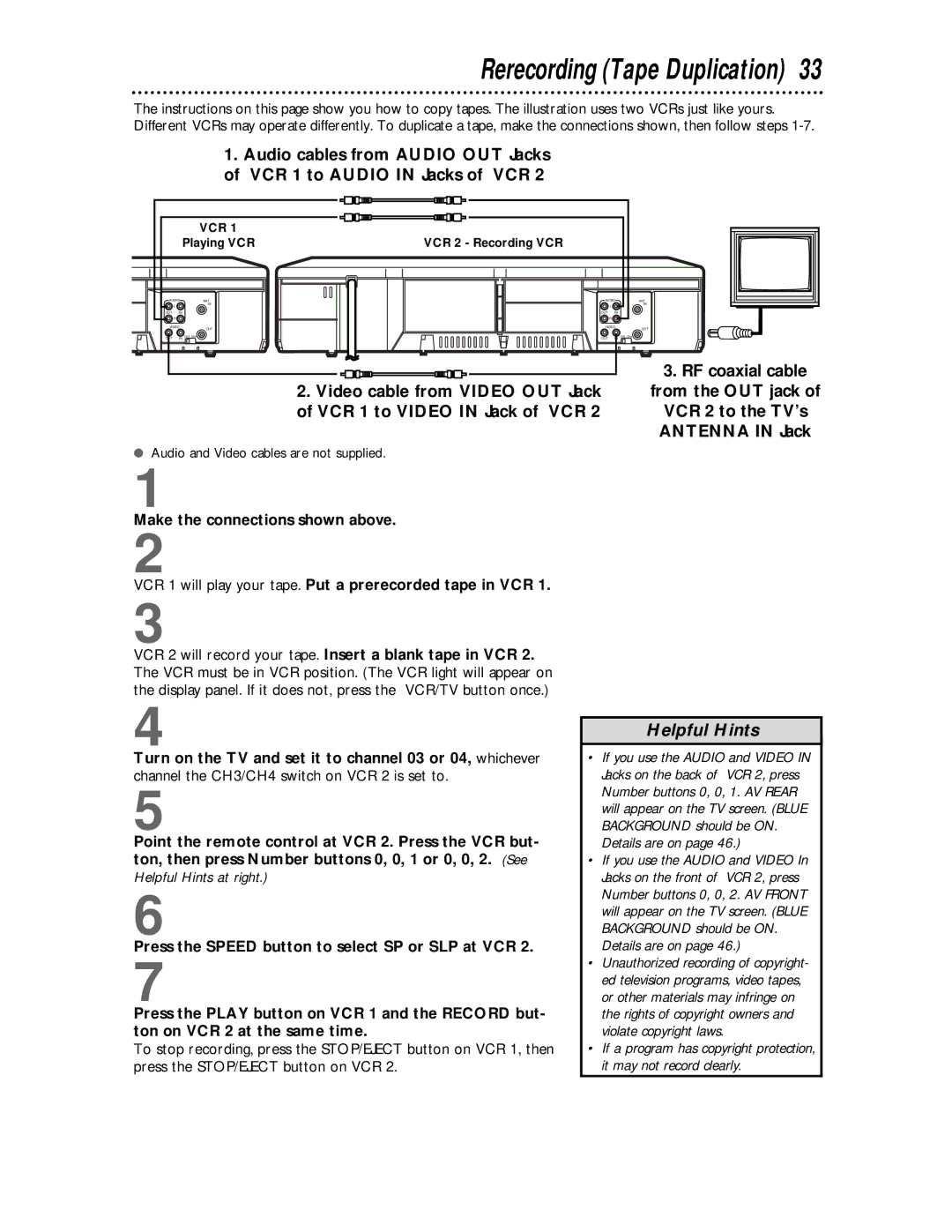 Philips VR624CAT owner manual Rerecording Tape Duplication, RF coaxial cable 