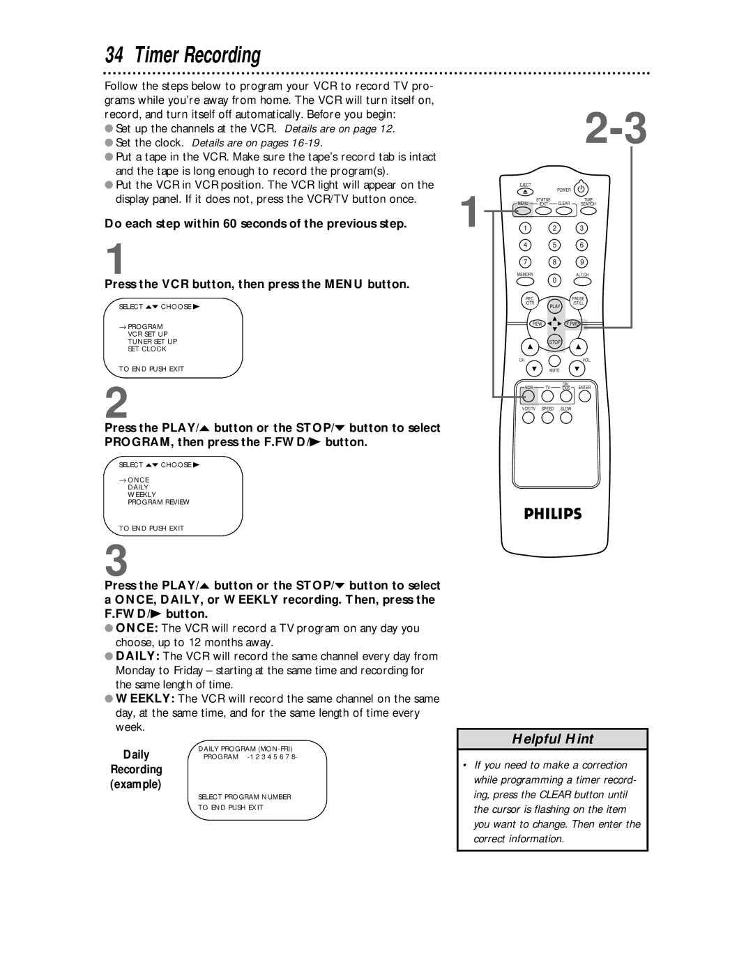 Philips VR624CAT owner manual Timer Recording, Daily 