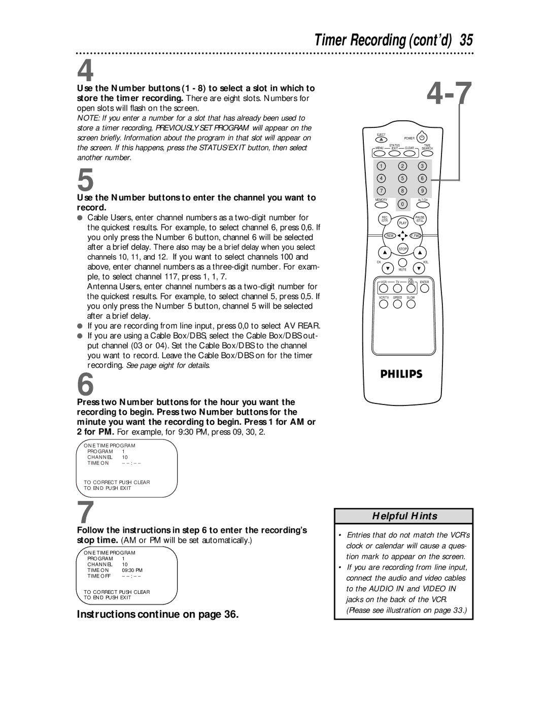 Philips VR624CAT owner manual Timer Recording cont’d, Instructions continue on 