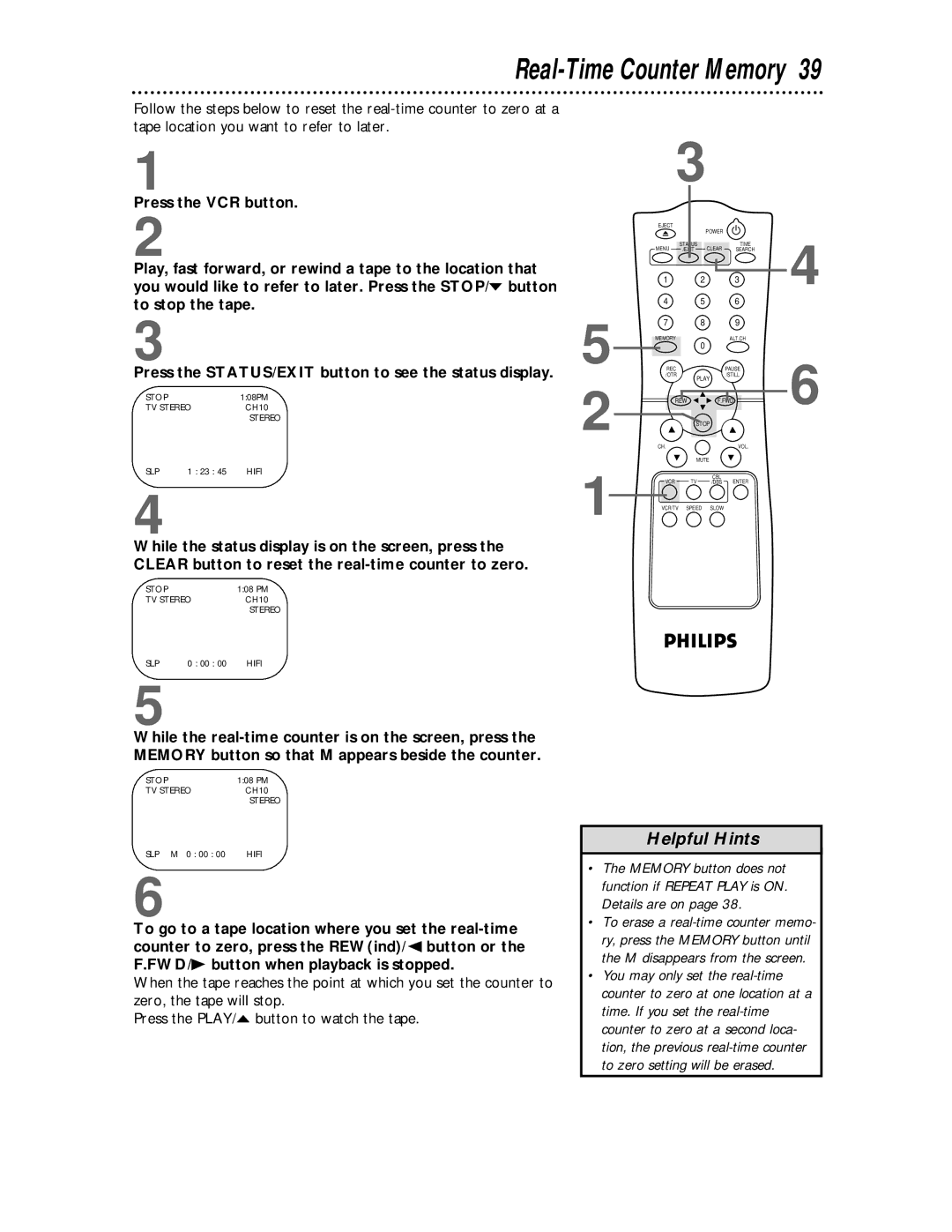 Philips VR624CAT owner manual Real-Time Counter Memory 