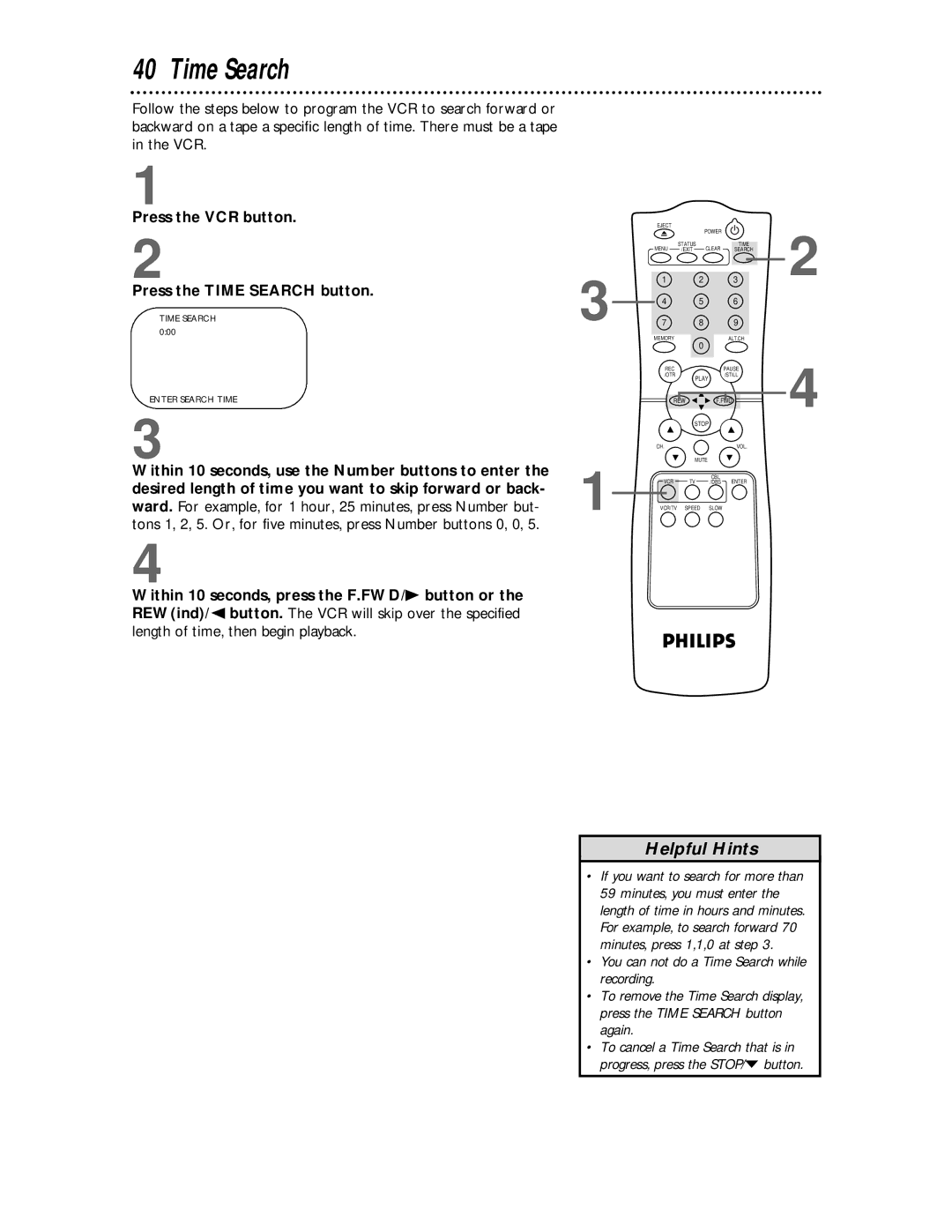 Philips VR624CAT owner manual Press the VCR button Press the Time Search button 