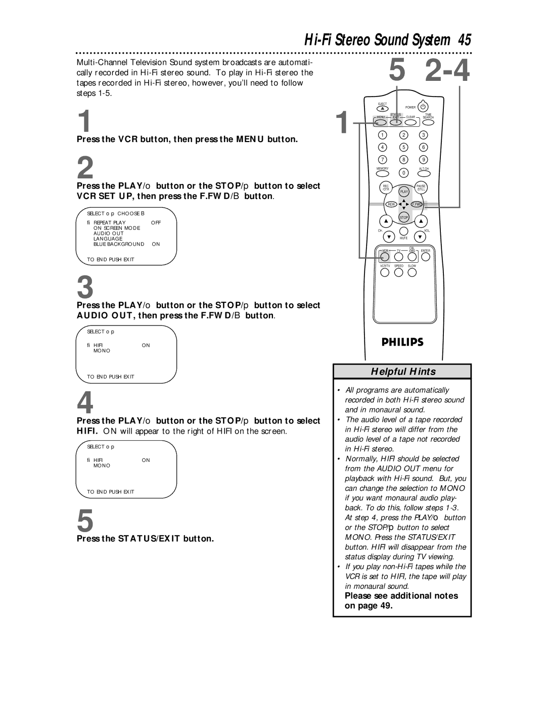 Philips VR624CAT owner manual Hi-Fi Stereo Sound System, Please see additional notes on 