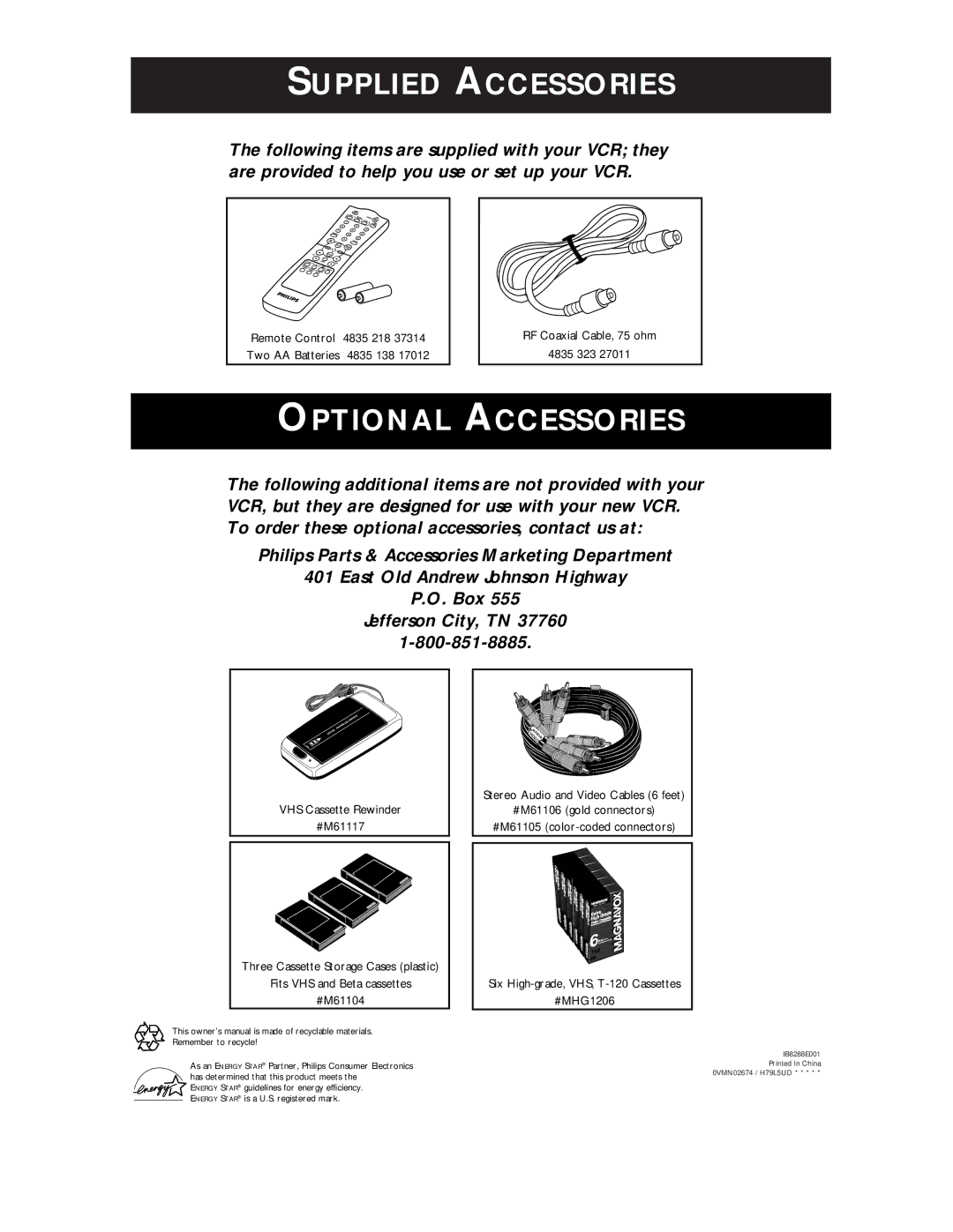 Philips VR624CAT owner manual Supplied Accessories 