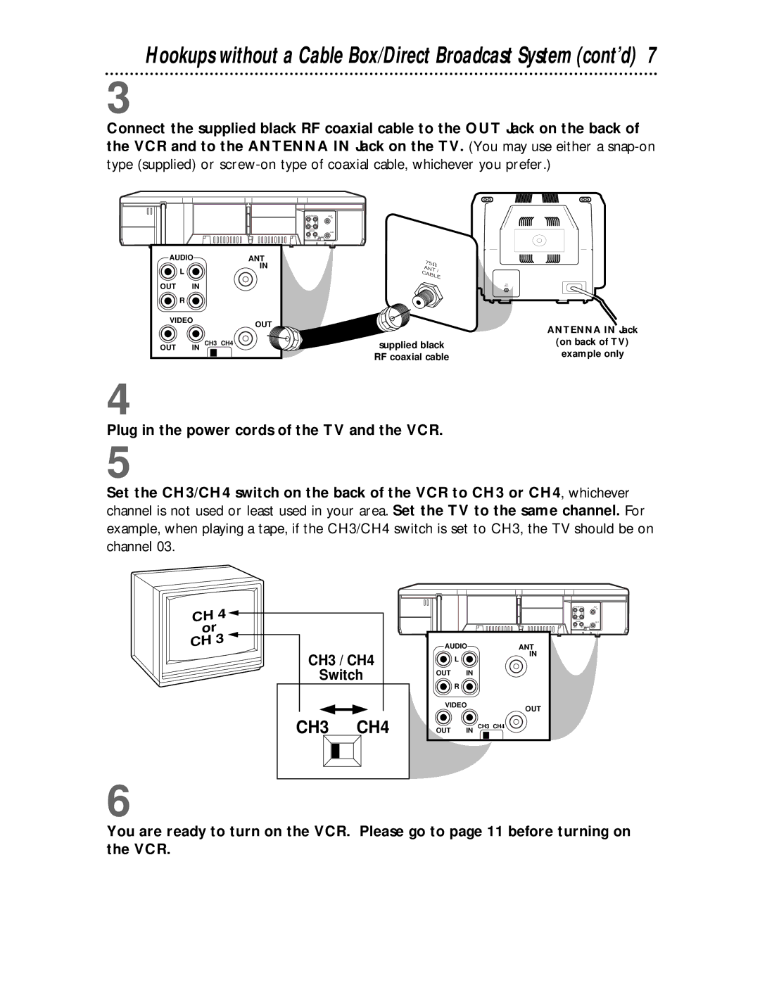 Philips VR624CAT Hookups without a Cable Box/Direct Broadcast System cont’d, Plug in the power cords of the TV and the VCR 