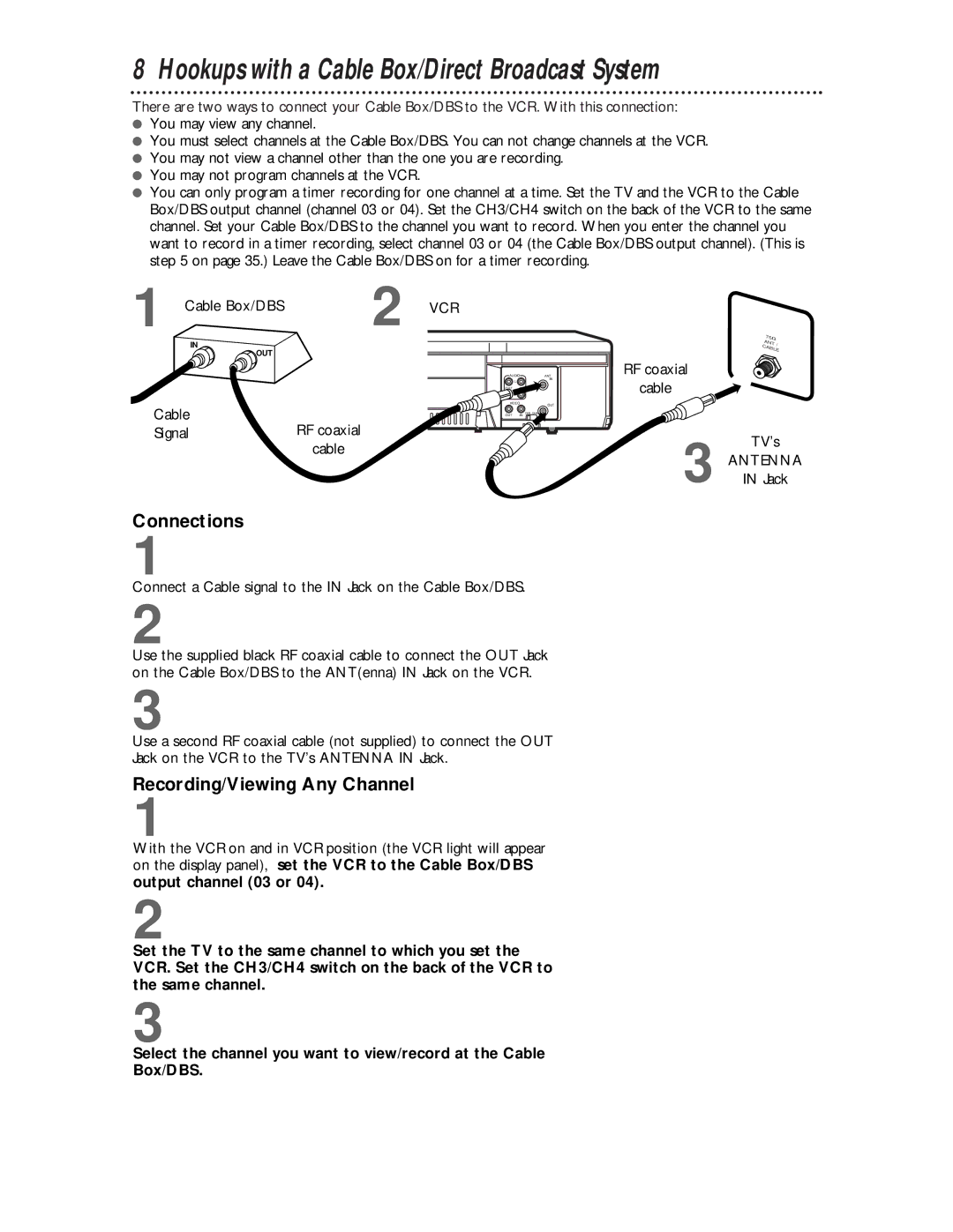 Philips VR624CAT owner manual Hookups with a Cable Box/Direct Broadcast System, Connections, Recording/Viewing Any Channel 