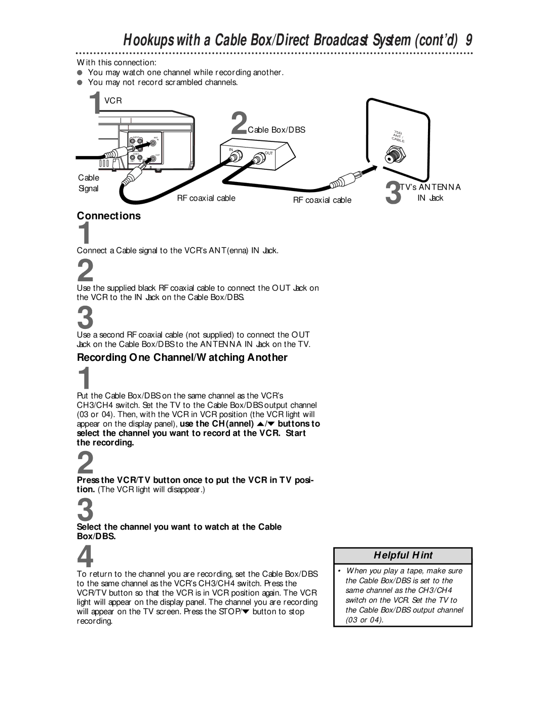 Philips VR624CAT owner manual Recording One Channel/Watching Another, 2Cable Box/DBS, Cable Signal RF coaxial cable 