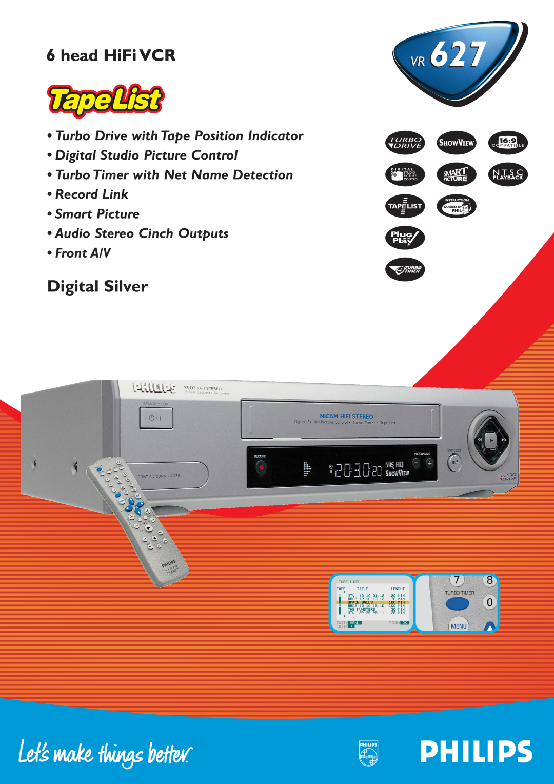 Philips VR627 manual Digital Silver, head HiFi VCR, Turbo Drive with Tape Position Indicator 