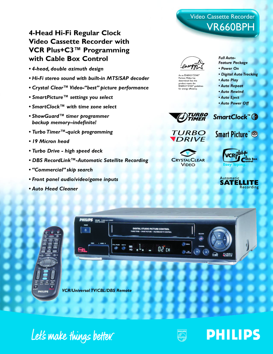 Philips VR660BPH manual Full Auto, Feature Package, Power On, Auto Play, Auto Repeat, Auto Rewind, Auto Eject 