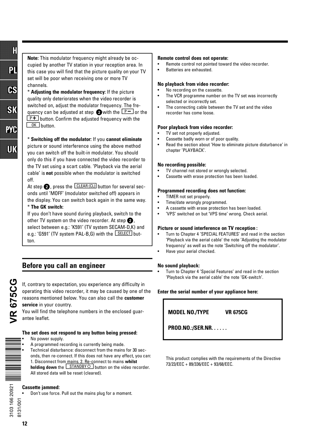 Philips VR675CG operating instructions Pz´ xv˝˝ vı zıˆ¨ızz 