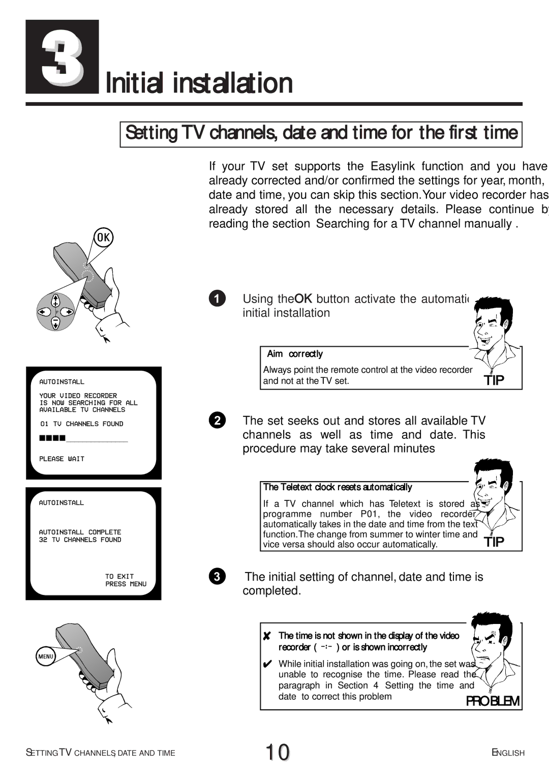 Philips VR707, VR766 operating instructions Initial installation, Setting TV channels, date and time for the first time, Tip 