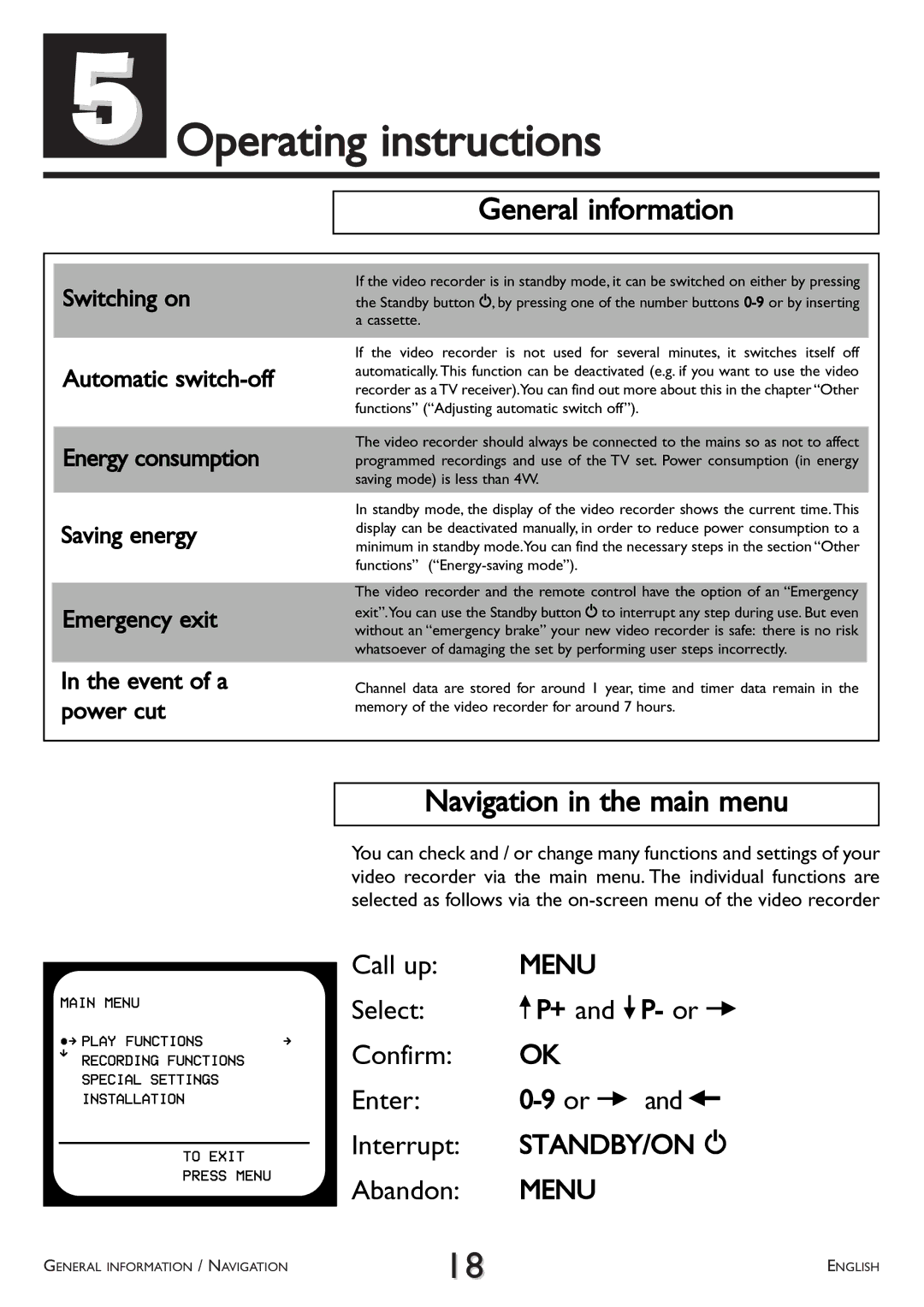 Philips VR707, VR766 operating instructions Operating instructions, General information, Navigation in the main menu 