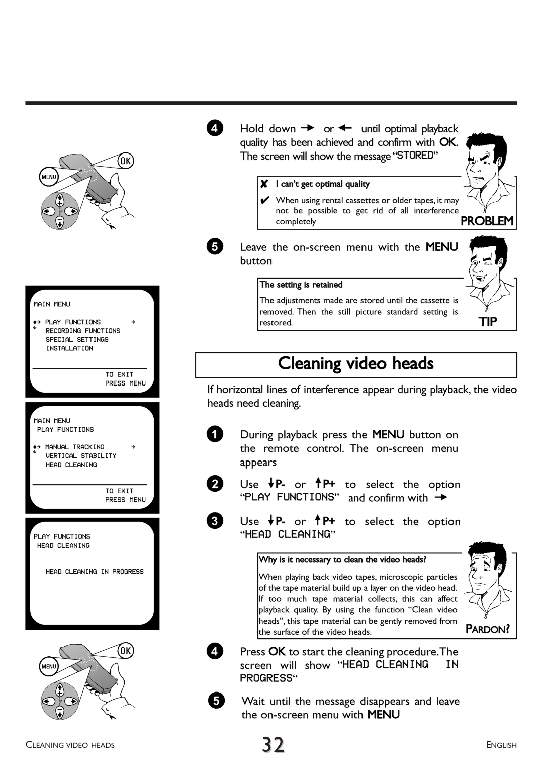 Philips VR707, VR766 operating instructions Cleaning video heads, Head Cleaning 