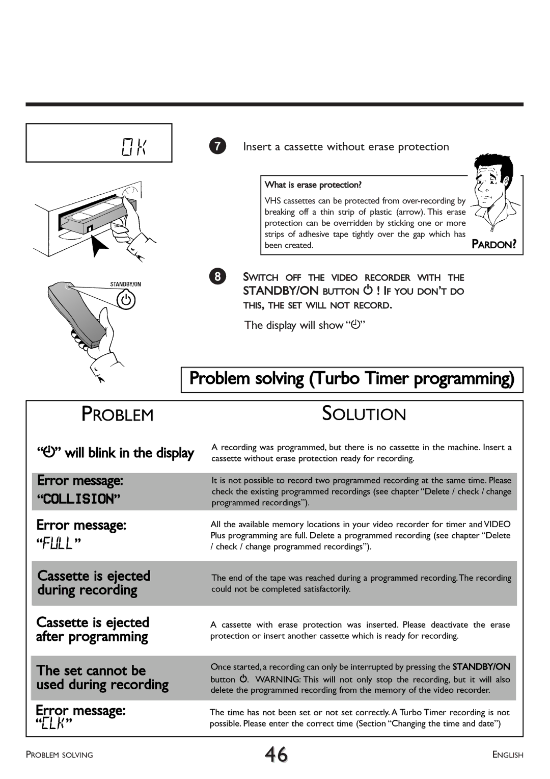 Philips VR707, VR766 operating instructions Problem solving Turbo Timer programming, Full 