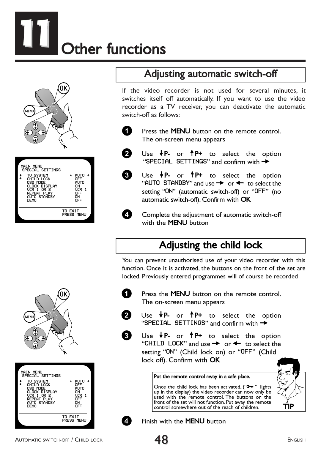 Philips VR707, VR766 operating instructions 11Other functions, Adjusting automatic switch-off, Adjusting the child lock 