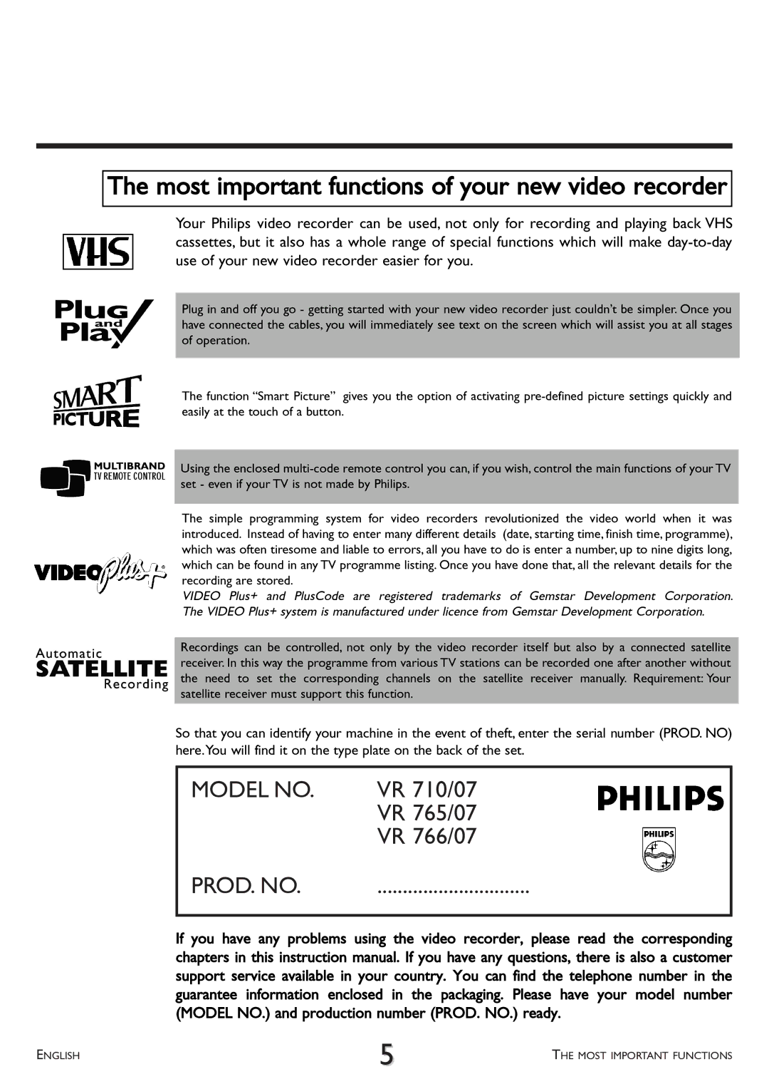 Philips VR766, VR707 operating instructions Most important functions of your new video recorder 