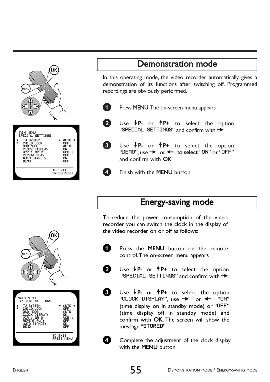 Philips VR766, VR707 operating instructions Demonstration mode, Energy-saving mode 